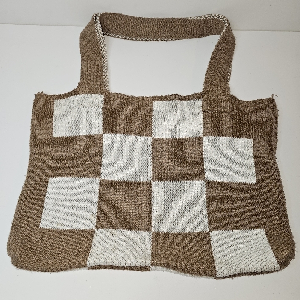 Forever 21 Checkered Knit Taupe and White Womens Tote Bag